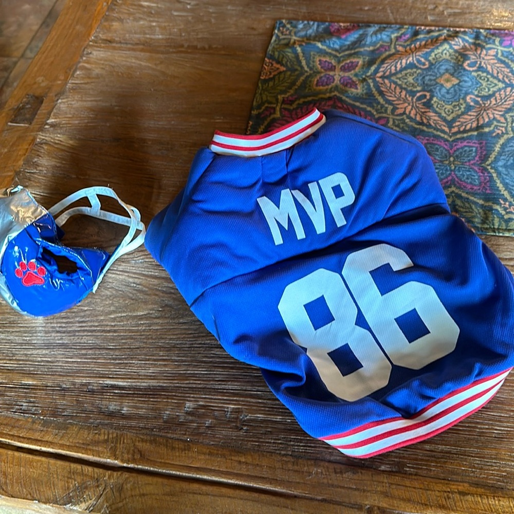 Dog football costume, helmet with Velcro strap, medium, worn once, perfect cond